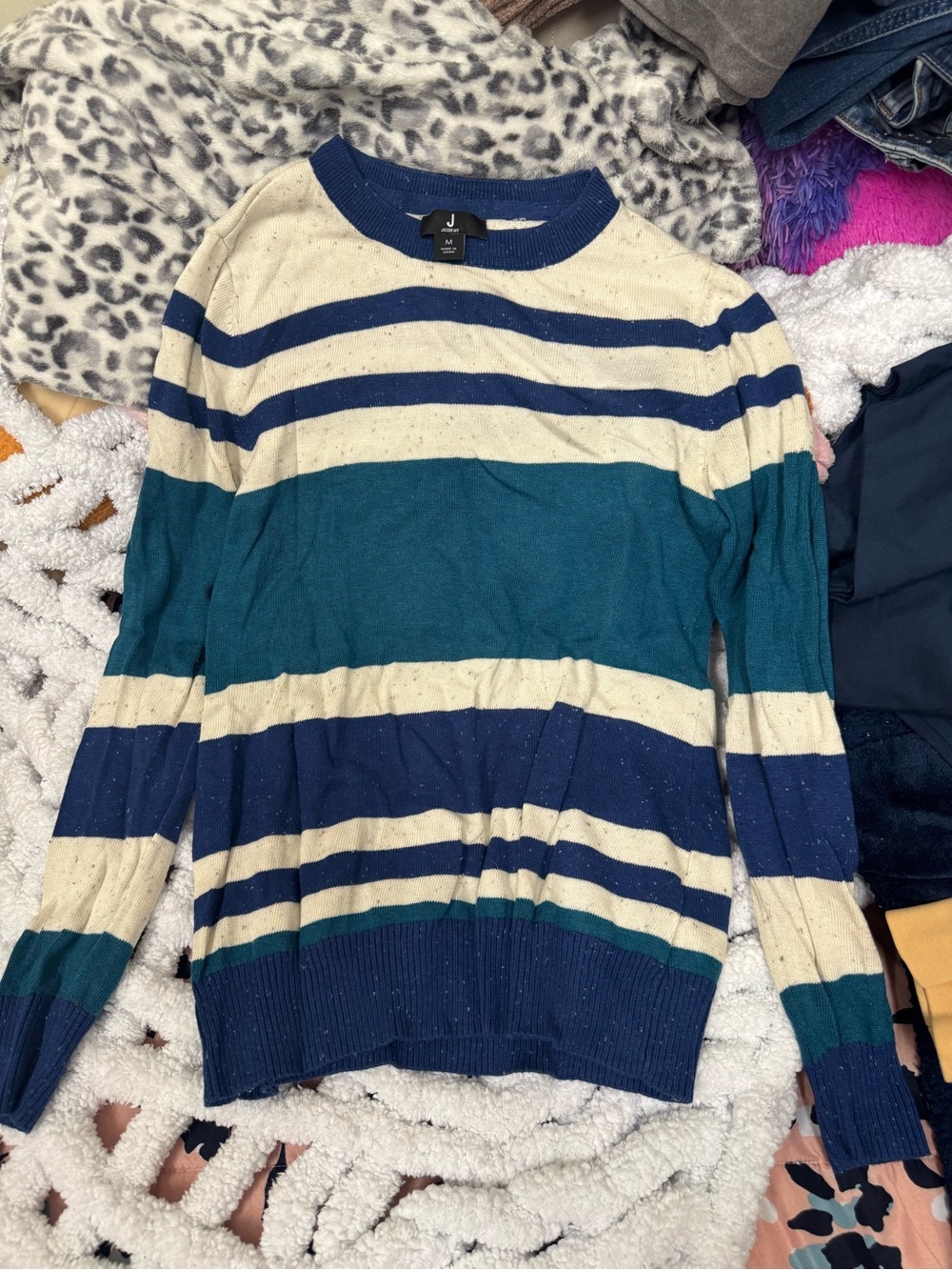 Jason Wu Striped Crewneck Sweater in Cream, Teal and Navy